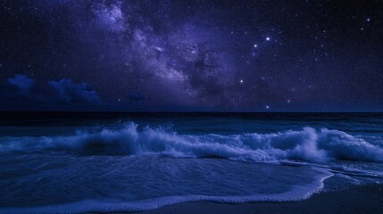 Naklejka premium Stunning night beach scene with Milky Way galaxy over crashing ocean waves under starry sky. Peaceful coastal landscape with deep blue and purple tones, glowing white foam contrasting dark water.