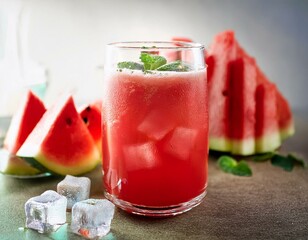 Fresh watermelon juice with ice in a glass. Slices of watermelon on the table.Fresh watermel