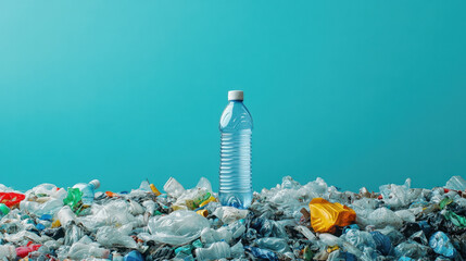 water bottle stands out in pile of discarded plastic waste, highlighting environmental impact of pollution. This evokes sense of urgency for sustainability and recycling efforts