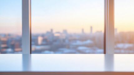 Fototapeta premium serene view from bright window showcases city skyline at sunset, with soft colors blending in sky. white tabletop adds modern touch to tranquil atmosphere