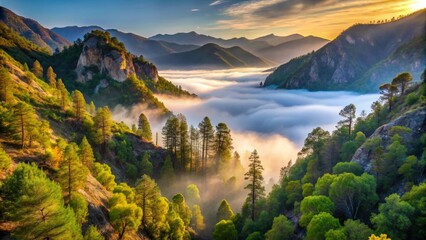 Serene Sunrise Over Misty Mountain Valley, Verdant Slopes Bathed in Golden Light