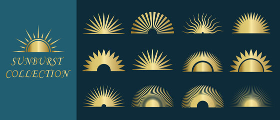 Sunburst vector icons set. Set of vintage half sunburst, Sunrise collection on blue background. Bursting, light, starburst rays, sunrise firework design elements. Vector Illustration.