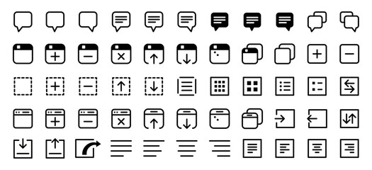 Minimalist black line icons for web and app UI design. Includes chat, windows, navigation, arrows, and interface elements. Perfect for UX, UI, mobile apps, and website design. Vector illustration.