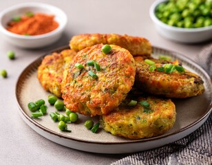 Fried vegetable patties on a plate. Yummy patties made of potatoes, green peas, carrot and