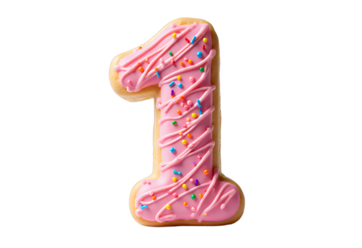 Pink Number One Cookie with Sprinkles, Transparent Background. Sweet.