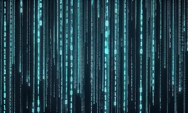 A digital rain of glowing blue binary code cascading down on a dark background.