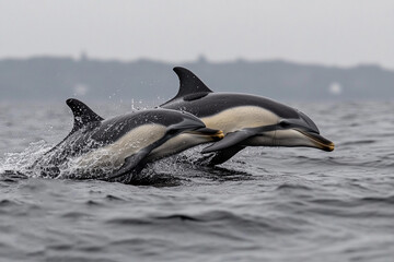 Obraz premium Dolphins jumping out of the water together during calm ocean waters at dawn