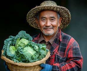 Asian male gardener holds a basket full of cabbages.