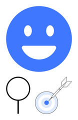 Blue smiling face, bold black magnifying glass, and bullseye target with arrow. Ideal for focus, happiness, goals, clarity, evaluation success achievement. Flat simple metaphor