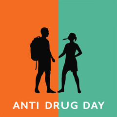 A modern flat design vector silhouette illustration for Anti Drug Day warm terracotta and cool teal color scheme, two-dimensional shapes, simple composition, earthy and cool contrast