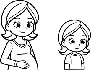 Cartoon Mother & Daughter Outline Style, Family Concept, Transparent BG