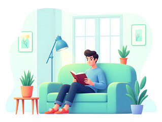 World Book Day, boy reading book scene illustration, education learning concept illustration