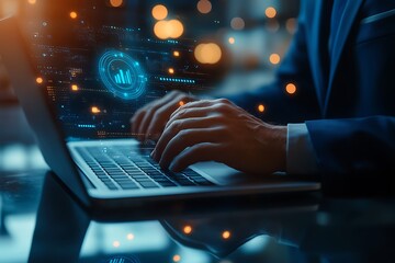 Man Typing on Laptop with Digital Interface Overlay and Bokeh Effects