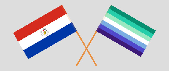 Crossed flags of Republic of Paraguay and gay men pride. Official colors. Correct proportion. Vector illustration