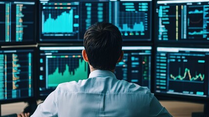 Data analyst monitoring financial trends office space digital workspace high-tech environment professional viewpoint