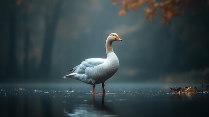 Obraz premium Serene Goose Standing on One Leg by a Reflective Pond, with Soft Evening Light Highlighting Its Graceful Posture and Feathers
