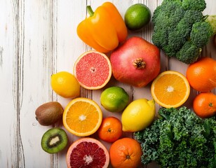 Fruits and vegetables, cereals, nuts on the white table, top view, selective focus- strawber.
