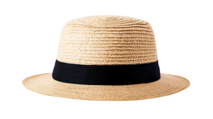 Woven sun hat with black band, summer headwear, cut out transparent