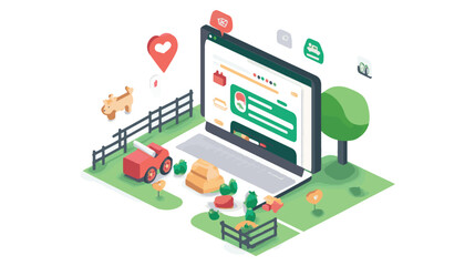 Obraz premium Isometric illustration of online farm shop with laptop, pet, delivery truck, and farm elements.