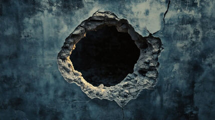 dark, ominous hole in weathered wall reveals mysterious void beyond, evoking feelings of curiosity and unease. rough texture and cracks enhance eerie atmosphere
