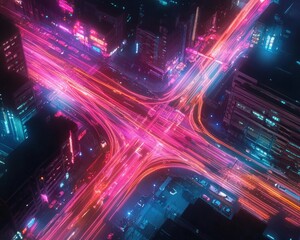 Aerial view of a vibrant city intersection at night, illuminated by pink, blue, and red neon lights. Traffic streams create light trails