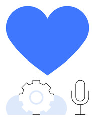 Blue heart atop a gear and microphone, symbolizing innovation, communication, and empathy. Ideal for technology, healthcare, media, AI teamwork creativity user experience. Flat simple metaphor