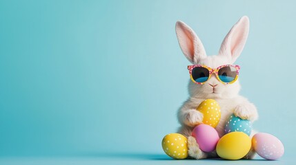  Playful white Easter bunny wearing colorful sunglasses, surrounded by pastel and polka-dot eggs on a bright blue background. Ideal for Easter promotions, ads, and greeting cards