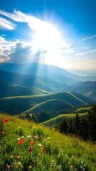 Serene Rolling Hills with Wildflowers Under Sunny Sky