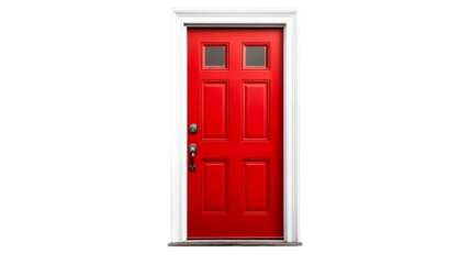 Vivid red door, white trim, black background, isolated object, cut out transparent