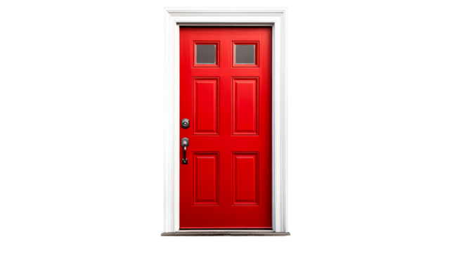 Vivid red door, white trim, black background, isolated object, cut out transparent