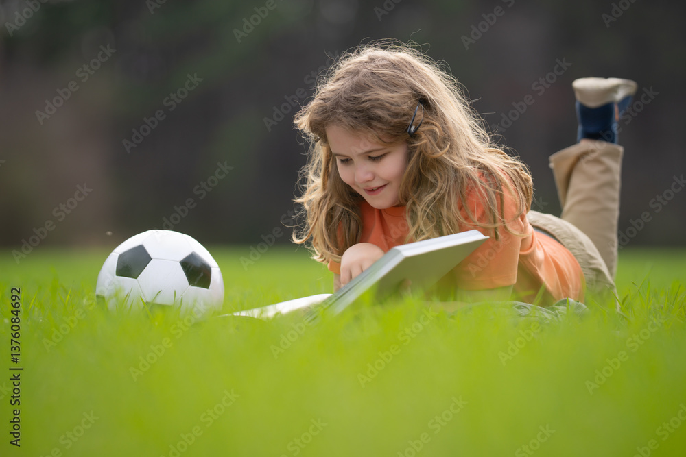 Poster child reading a book in the grass. kid enjoying a book story outdoors. child studying with book in t