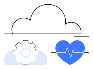 Cloud outline above gear and heart with heartbeat line. Ideal for data storage, technology, healthcare, innovation, cloud computing, automation, digital transformation. Flat simple metaphor