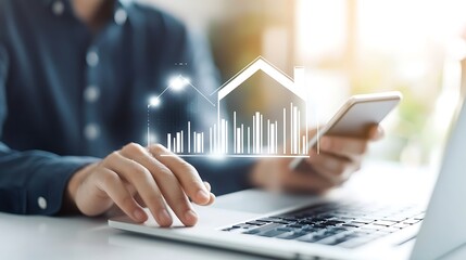 Man Using Laptop with House Icon and Graph Overlay While Holding Smartphone
