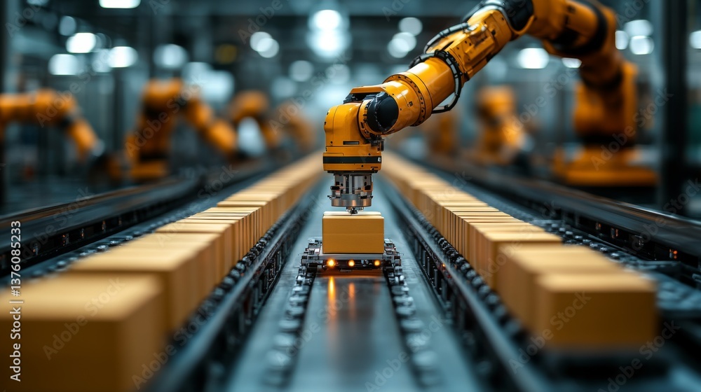 Aufkleber Robots equipped with robotic arms expertly sort and move packages along an assembly line in a modern logistics center, enhancing delivery speed and accuracy during daily operations.