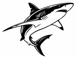 Aggressive shark silhouette with detailed fins and open mouth in bold black and white vector art

