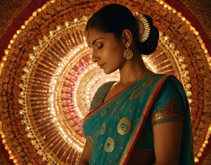 A person dressed in a teal saree with intricate gold embroidery and embellishments stands gracefully in front of a radiant backdrop featuring a large, ornate circular design illuminated by numerous li