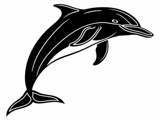 Naklejka premium Jumping dolphin silhouette with smooth curves and aquatic motion in black and white vector art