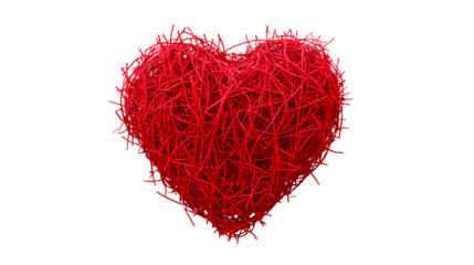 Red, tangled heart shape on black background, cut out transparent