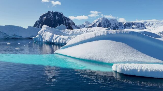 Iceberg scenery landscape scenery Arctic Antarctica beautiful nature winter tourism travel clear blue ice ocean sea water, Glacier melting ice ecology expedition concept. Greenland. Aerial drone view 
