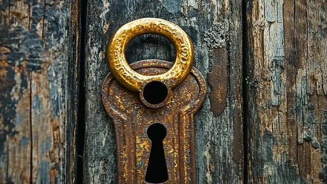 Close-up of an antique door lock with a golden ring on weathered wooden background