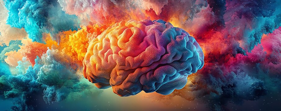 Human brain exploding into vibrant colors, symbolizing creativity and mindblown innovation, digital generative AI concept