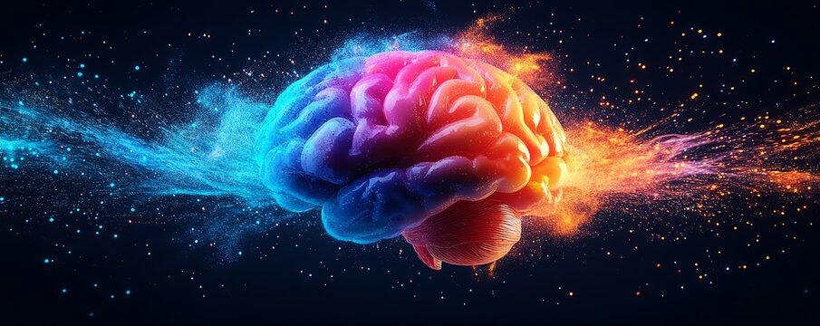 Human brain exploding into vibrant colors, symbolizing creativity and mindblown innovation, digital generative AI concept
