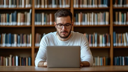 Focused student engaged in online learning library setting digital education quiet environment close-up viewpoint