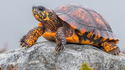 Obraz premium Freshwater turtle basking on a rock under the sunlight in a relaxing pond environment surrounded by nature