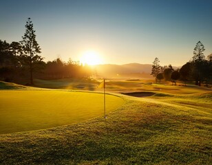 Golf course with mountain and blue sky background.