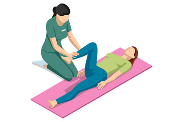 Isometric vector image of rehabilitation therapy therapist assisting a woman lying on mat performing leg stretching exercises for muscle recovery.
