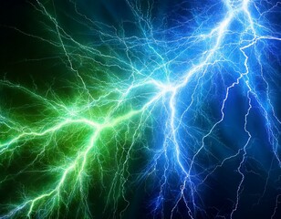 Green and blue lightning strike, electrical background 