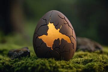 Cracked Brown Eggshell with Glowing Light on Mossy Ground in Nature Setting