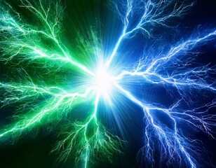 Green and blue lightning strike, electrical background 