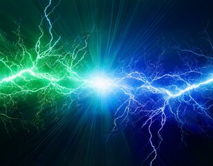 Green and blue lightning strike, electrical background 